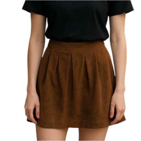 LUISA SPAGNOLI Suede Box Pleated Mini Skirt Brown Lined Bubble Hem S - Picture 1 of 11